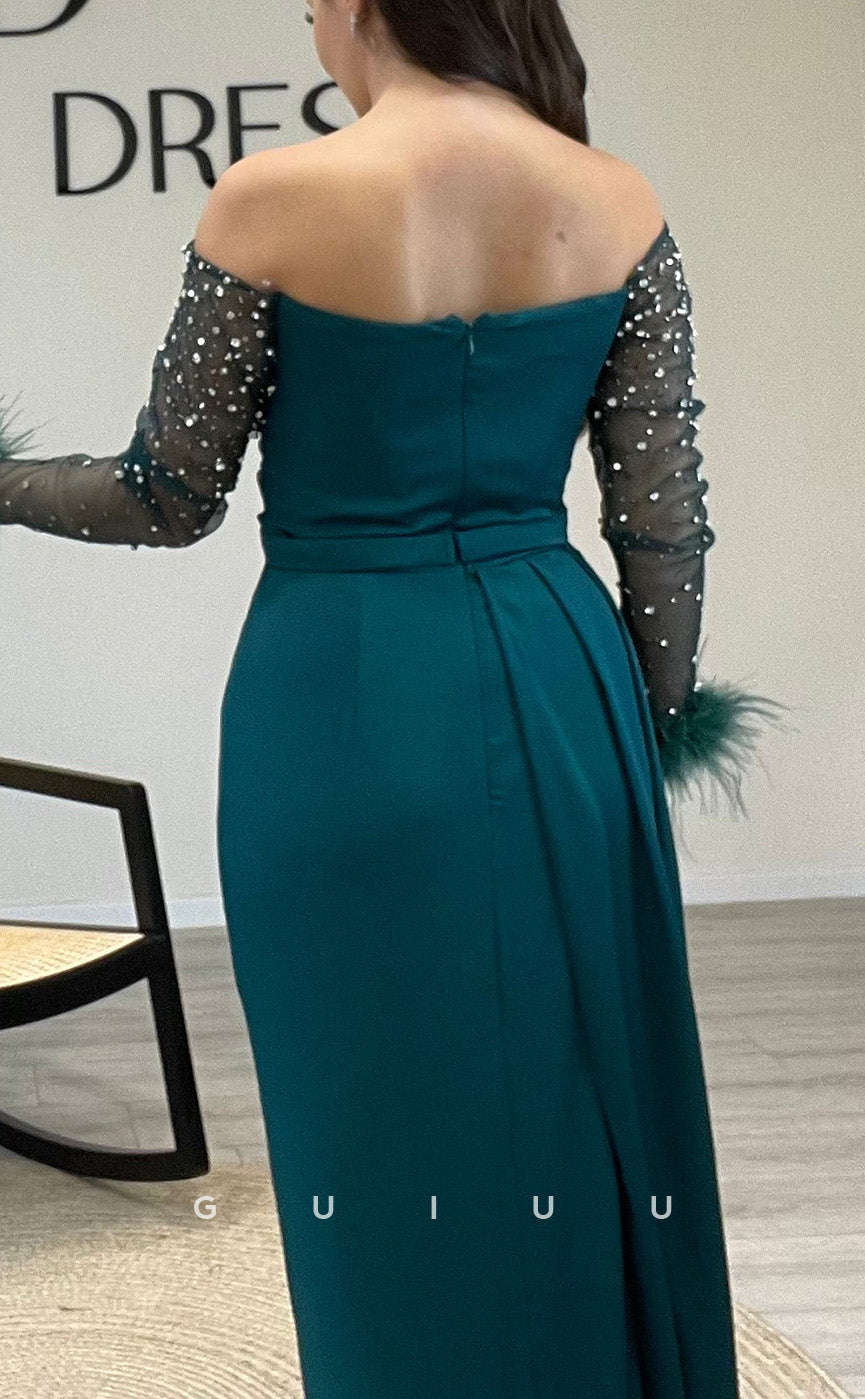 G3509 - Classic & Timeless Sheath Off Shoulder Long Beaded Sleeves Feather Draped Side Slit Ballgown Prom Dress With Sweep Train