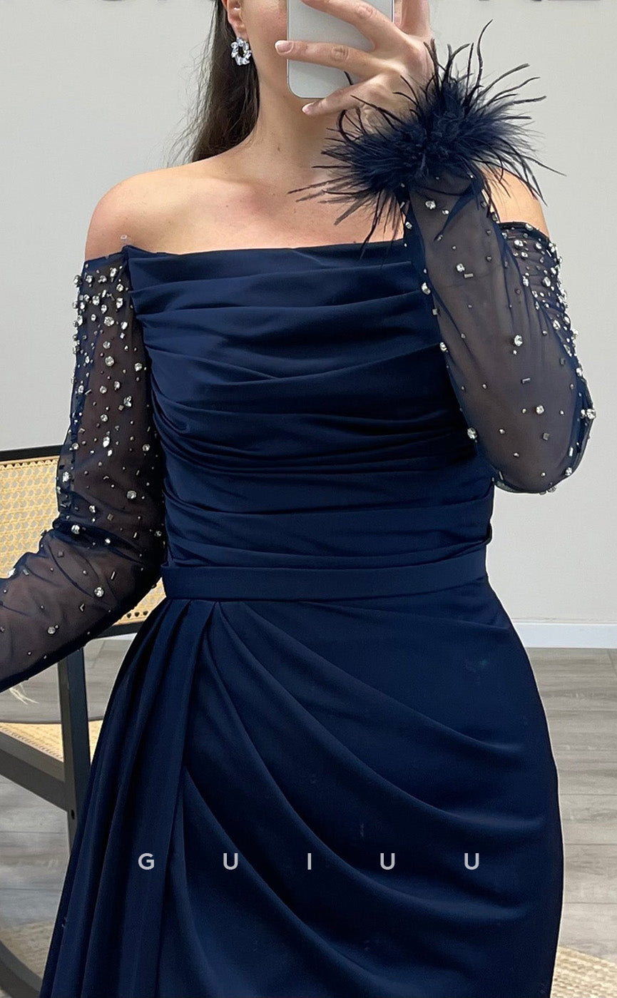 G3509 - Classic & Timeless Sheath Off Shoulder Long Beaded Sleeves Feather Draped Side Slit Ballgown Prom Dress With Sweep Train