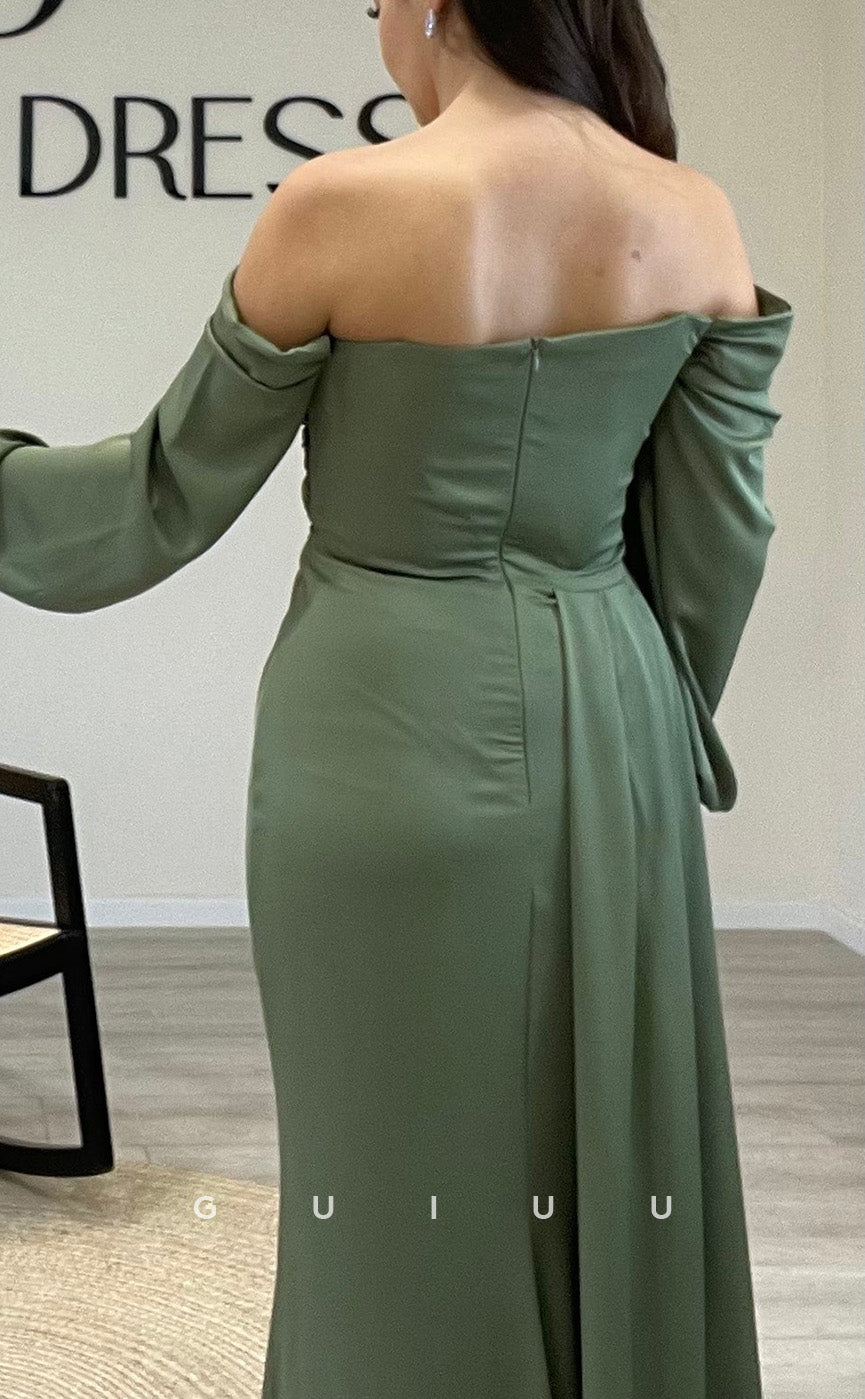 G3510 - Classic & Timeless Sheath Off Shoulder Beaded High Side Slit Draped Long Sleeves Floor-Length Ballgown Prom Dress With Sweep Train