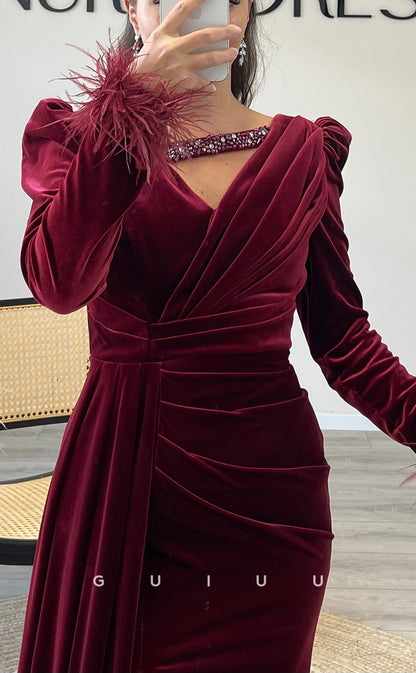 G3514 - Chic & Modern Sheath V-Neck Long Sleeves Feather High Side Slit Draped Floor-Length Party Ball Gown Prom Dress With Sweep Train
