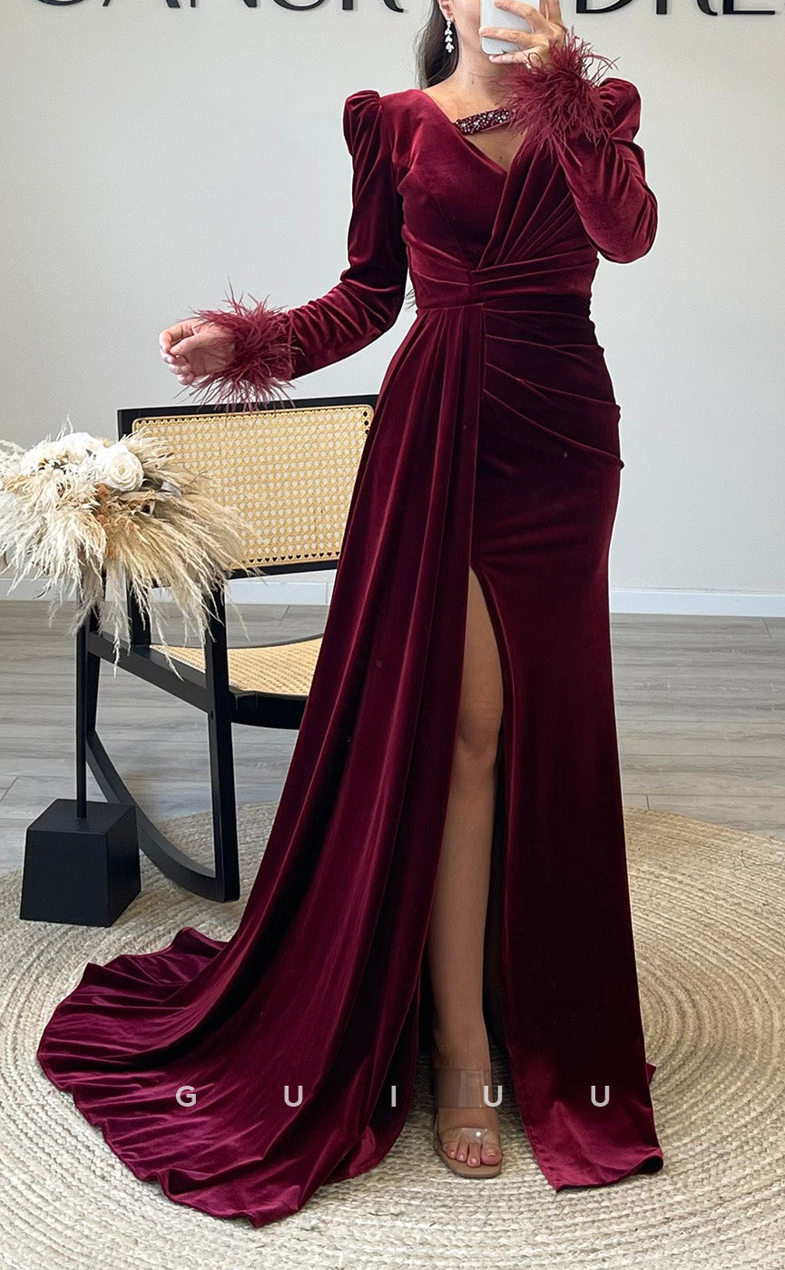 G3514 - Chic & Modern Sheath V-Neck Long Sleeves Feather High Side Slit Draped Floor-Length Party Ball Gown Prom Dress With Sweep Train