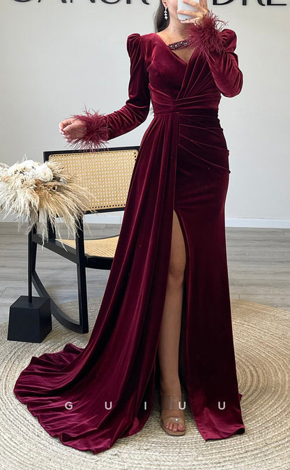 G3514 - Chic & Modern Sheath V-Neck Long Sleeves Feather High Side Slit Draped Floor-Length Party Ball Gown Prom Dress With Sweep Train