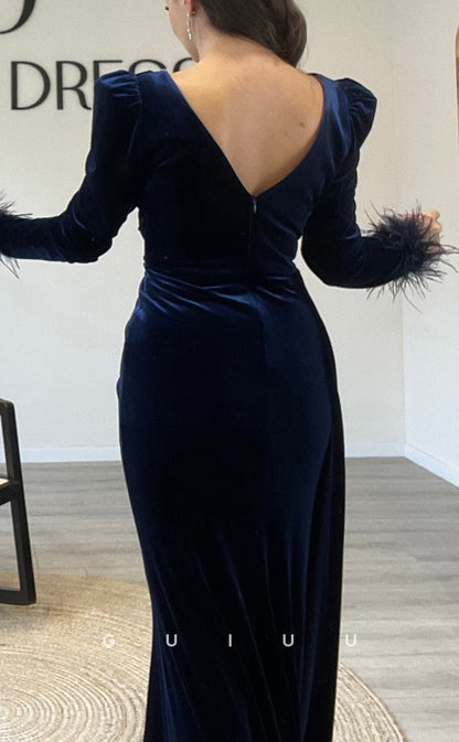 G3514 - Chic & Modern Sheath V-Neck Long Sleeves Feather High Side Slit Draped Floor-Length Party Ball Gown Prom Dress With Sweep Train