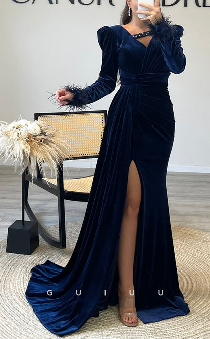 G3514 - Chic & Modern Sheath V-Neck Long Sleeves Feather High Side Slit Draped Floor-Length Party Ball Gown Prom Dress With Sweep Train