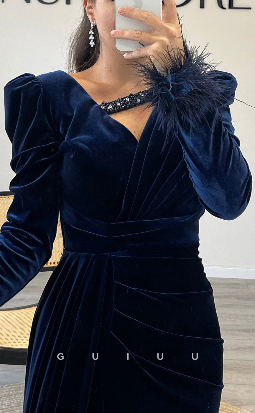 G3514 - Chic & Modern Sheath V-Neck Long Sleeves Feather High Side Slit Draped Floor-Length Party Ball Gown Prom Dress With Sweep Train