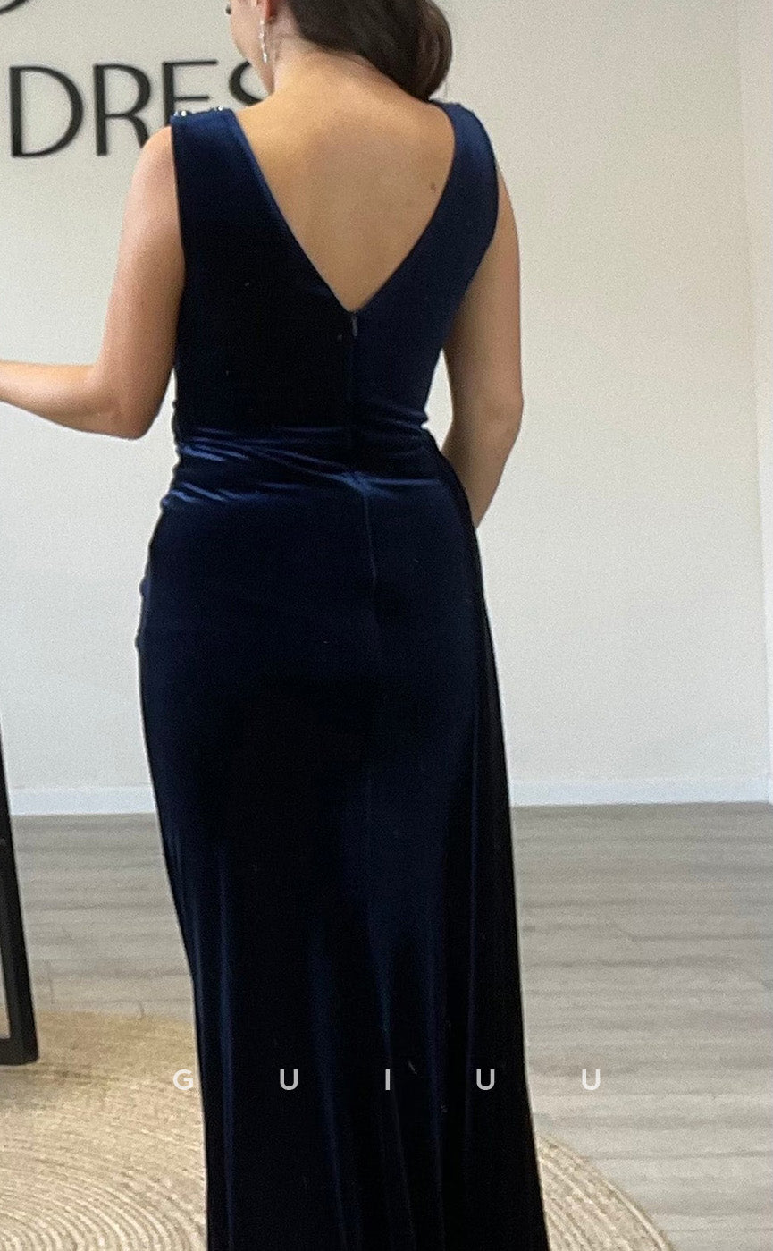 G3515 - Chic & Modern Sheath Bateau Draped Beaded Side Slit Half Sleeves Long Ballgown Prom Dress With Sweep Train