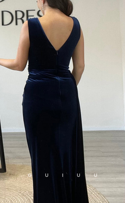 G3515 - Chic & Modern Sheath Bateau Draped Beaded Side Slit Half Sleeves Long Ballgown Prom Dress With Sweep Train