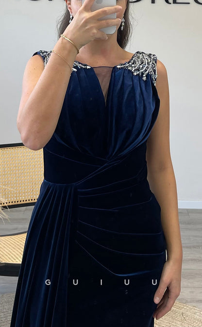 G3515 - Chic & Modern Sheath Bateau Draped Beaded Side Slit Half Sleeves Long Ballgown Prom Dress With Sweep Train