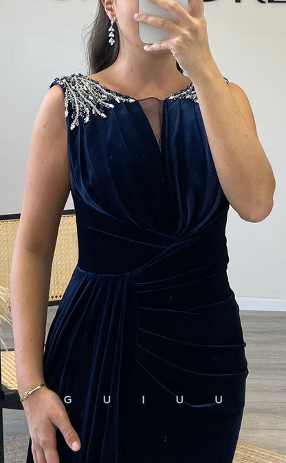 G3515 - Chic & Modern Sheath Bateau Draped Beaded Side Slit Half Sleeves Long Ballgown Prom Dress With Sweep Train