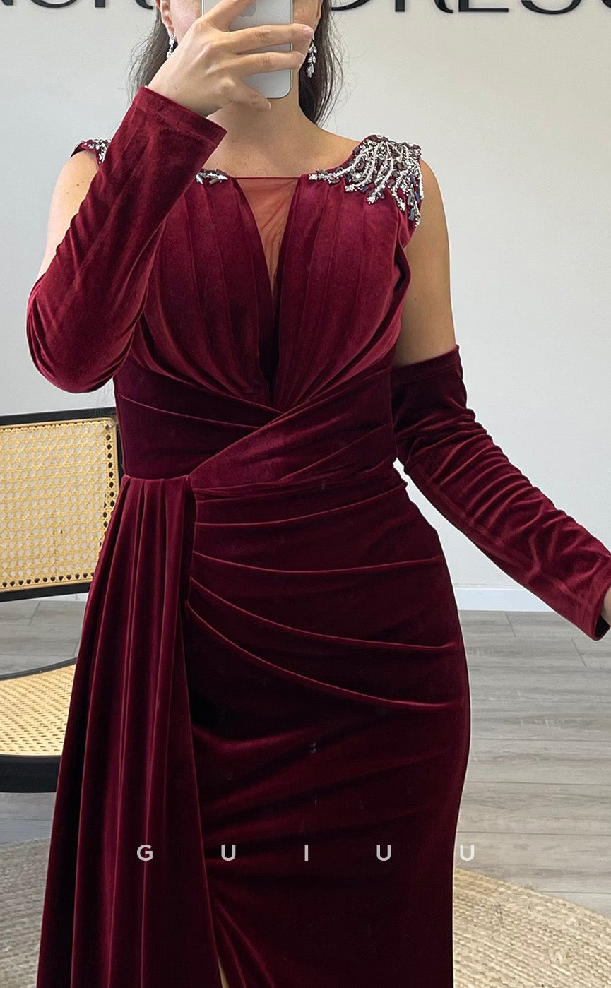 G3515 - Chic & Modern Sheath Bateau Draped Beaded Side Slit Half Sleeves Long Ballgown Prom Dress With Sweep Train