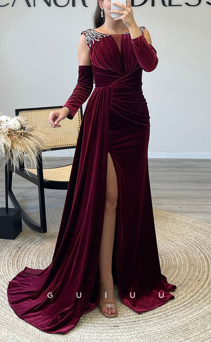 G3515 - Chic & Modern Sheath Bateau Draped Beaded Side Slit Half Sleeves Long Ballgown Prom Dress With Sweep Train