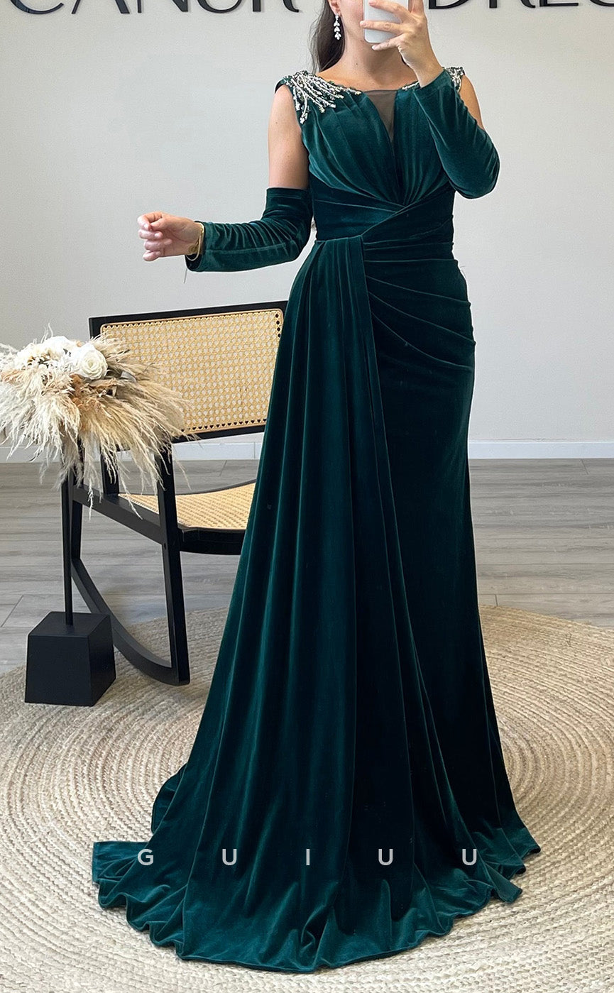 G3515 - Chic & Modern Sheath Bateau Draped Beaded Side Slit Half Sleeves Long Ballgown Prom Dress With Sweep Train