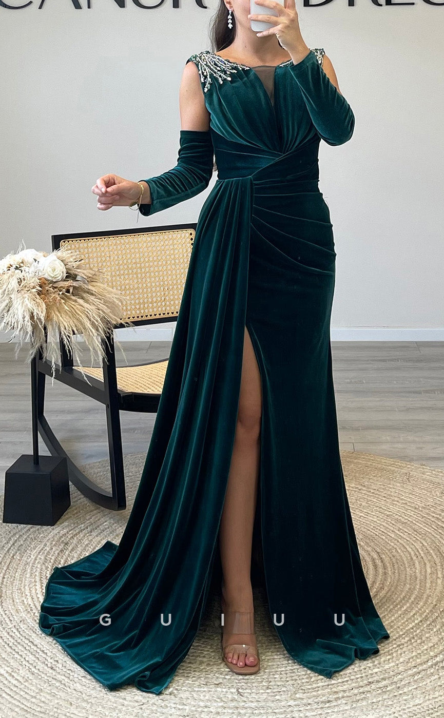 G3515 - Chic & Modern Sheath Bateau Draped Beaded Side Slit Half Sleeves Long Ballgown Prom Dress With Sweep Train