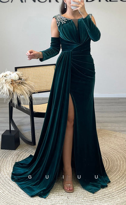G3515 - Chic & Modern Sheath Bateau Draped Beaded Side Slit Half Sleeves Long Ballgown Prom Dress With Sweep Train