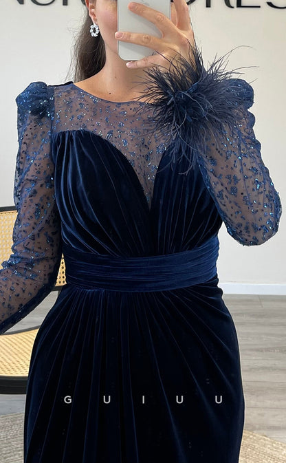 G3516 - Chic & Modern Trumpet Illusion Bateau Long Sleeves Feather High Side Slit Draped Long Evening Gown Prom Dress