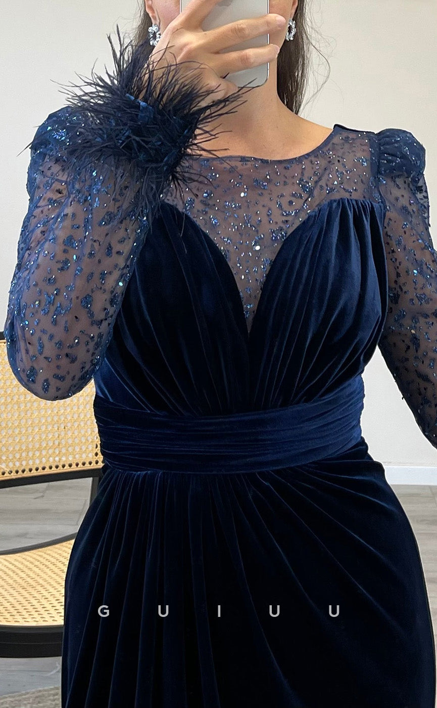 G3516 - Chic & Modern Trumpet Illusion Bateau Long Sleeves Feather High Side Slit Draped Long Evening Gown Prom Dress