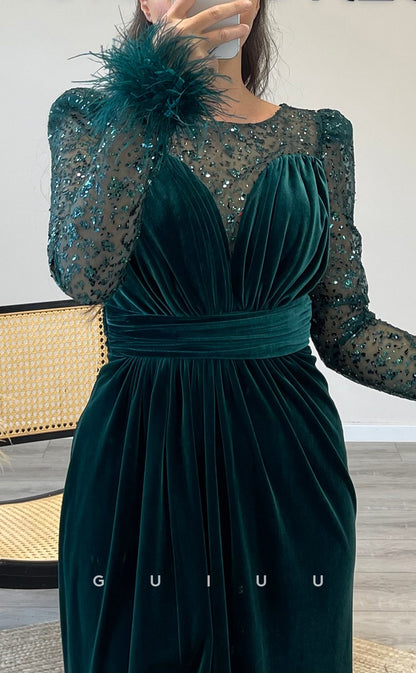 G3516 - Chic & Modern Trumpet Illusion Bateau Long Sleeves Feather High Side Slit Draped Long Evening Gown Prom Dress