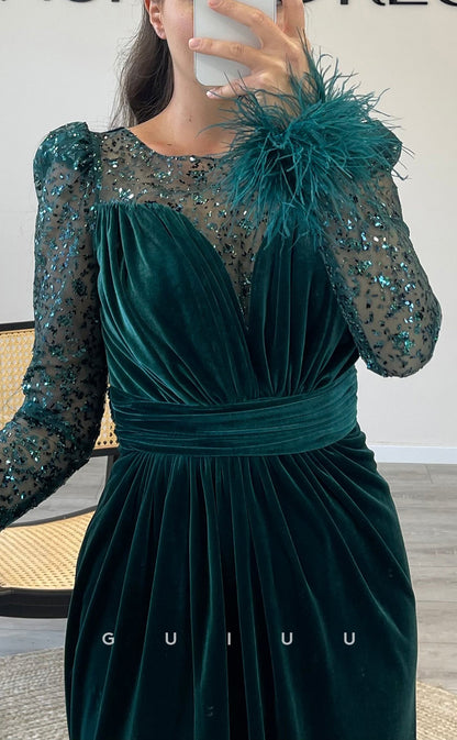 G3516 - Chic & Modern Trumpet Illusion Bateau Long Sleeves Feather High Side Slit Draped Long Evening Gown Prom Dress