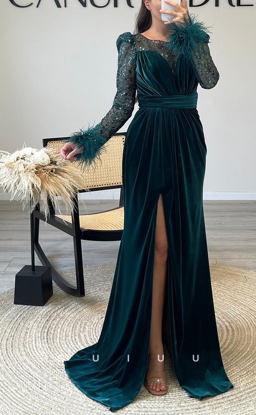 G3516 - Chic & Modern Trumpet Illusion Bateau Long Sleeves Feather High Side Slit Draped Long Evening Gown Prom Dress