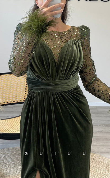 G3516 - Chic & Modern Trumpet Illusion Bateau Long Sleeves Feather High Side Slit Draped Long Evening Gown Prom Dress