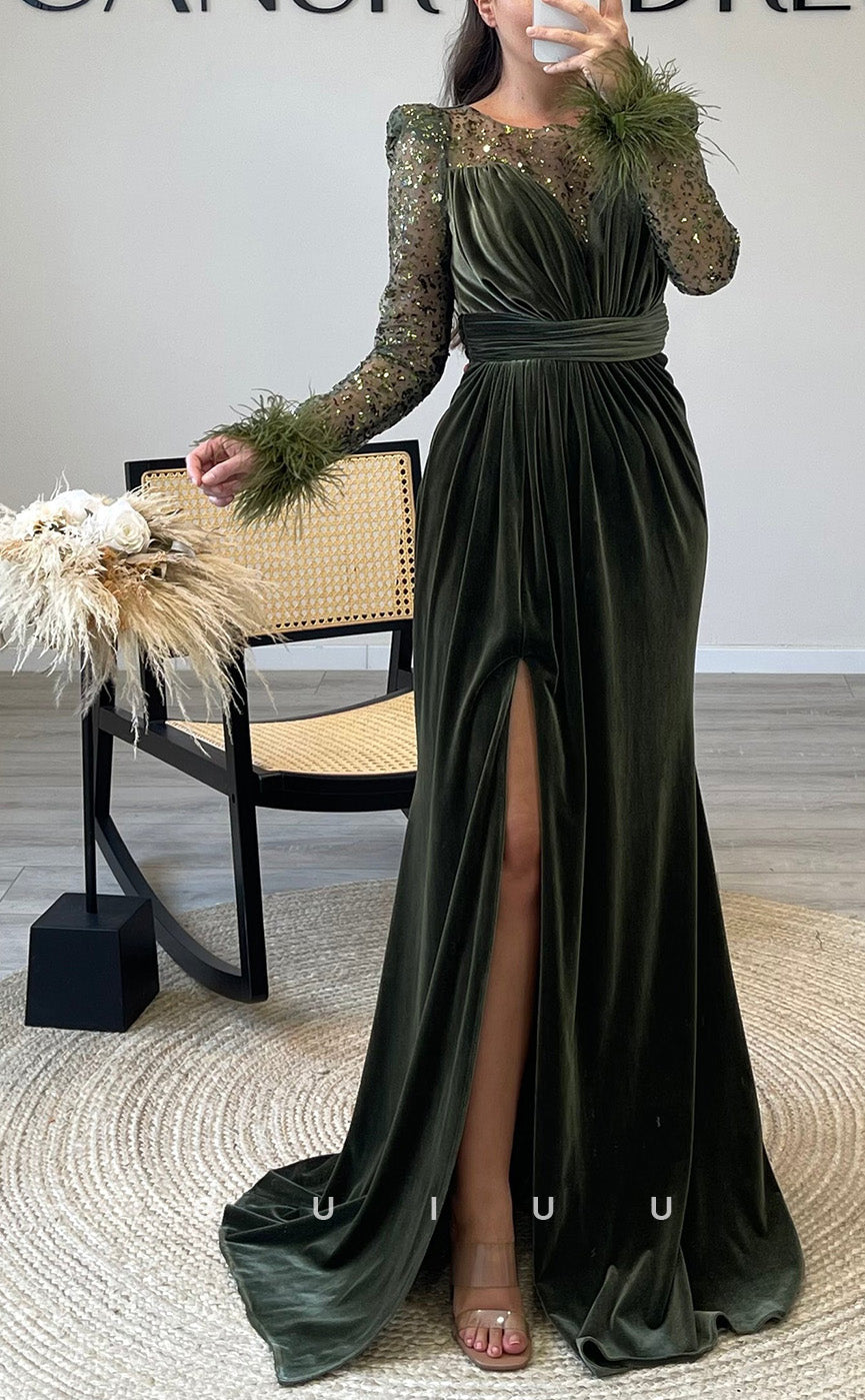 G3516 - Chic & Modern Trumpet Illusion Bateau Long Sleeves Feather High Side Slit Draped Long Evening Gown Prom Dress