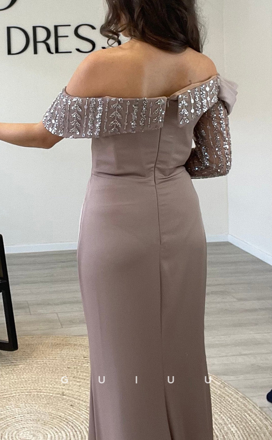 G3518 - Classic & Timeless Sheath Asymmetrical Off Shoulder Long Sleeves Sequined Side Slit Long Party Ballgown Prom Dress With Sweep Train