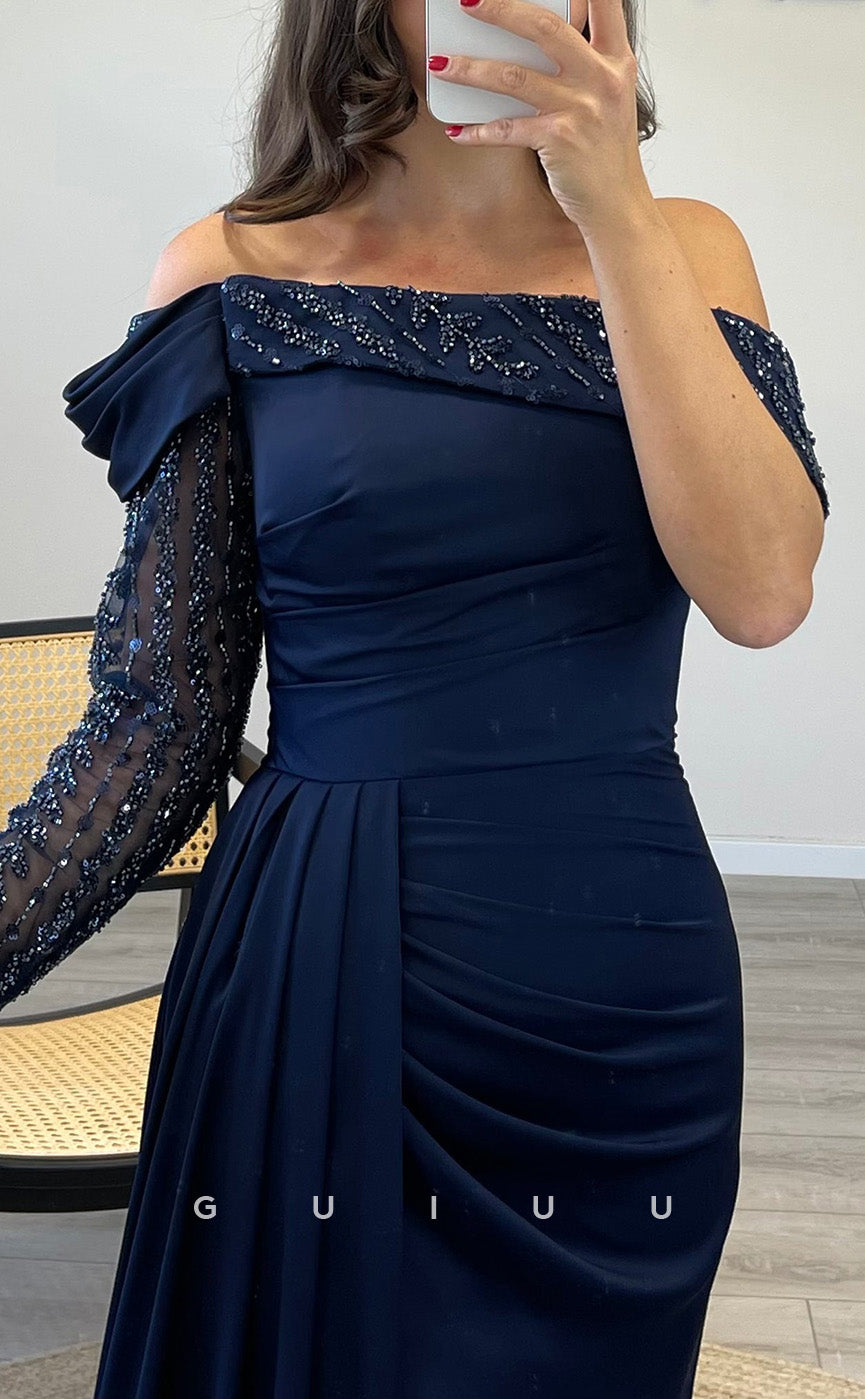 G3518 - Classic & Timeless Sheath Asymmetrical Off Shoulder Long Sleeves Sequined Side Slit Long Party Ballgown Prom Dress With Sweep Train