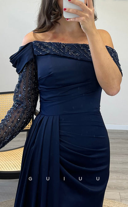 G3518 - Classic & Timeless Sheath Asymmetrical Off Shoulder Long Sleeves Sequined Side Slit Long Party Ballgown Prom Dress With Sweep Train