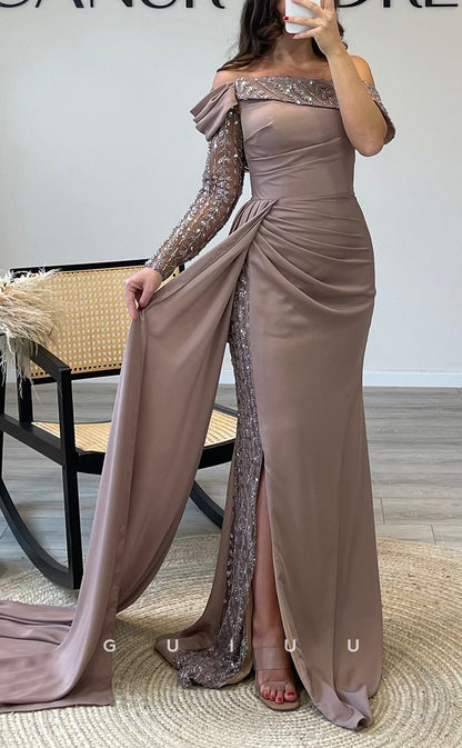 G3518 - Classic & Timeless Sheath Asymmetrical Off Shoulder Long Sleeves Sequined Side Slit Long Party Ballgown Prom Dress With Sweep Train