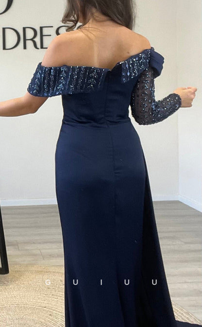 G3518 - Classic & Timeless Sheath Asymmetrical Off Shoulder Long Sleeves Sequined Side Slit Long Party Ballgown Prom Dress With Sweep Train