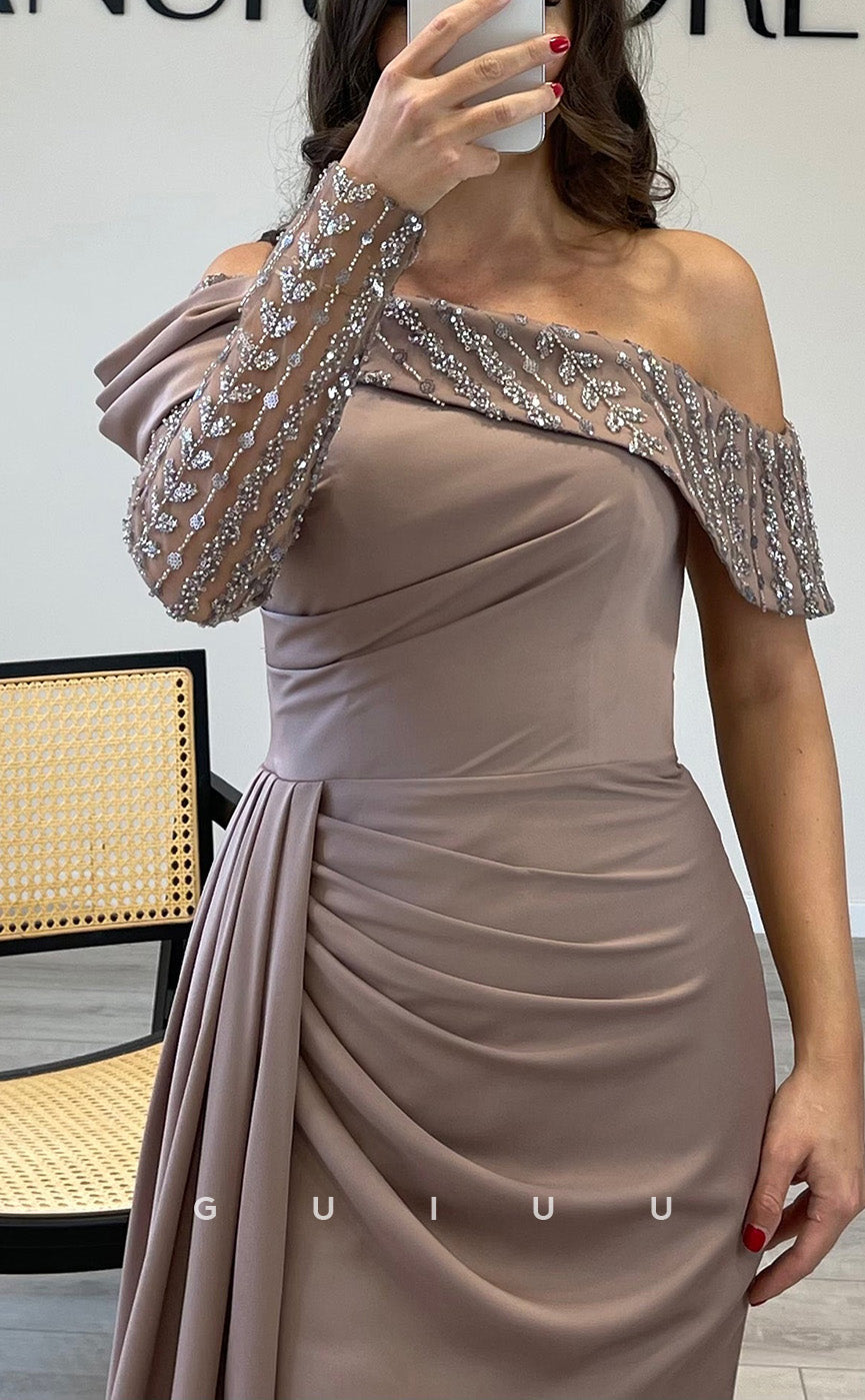 G3518 - Classic & Timeless Sheath Asymmetrical Off Shoulder Long Sleeves Sequined Side Slit Long Party Ballgown Prom Dress With Sweep Train