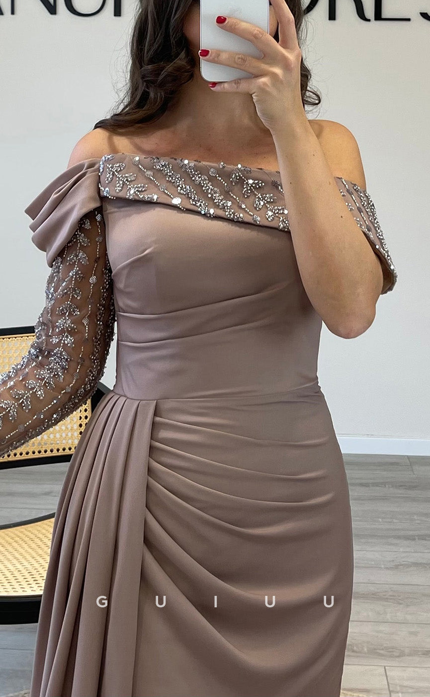 G3518 - Classic & Timeless Sheath Asymmetrical Off Shoulder Long Sleeves Sequined Side Slit Long Party Ballgown Prom Dress With Sweep Train