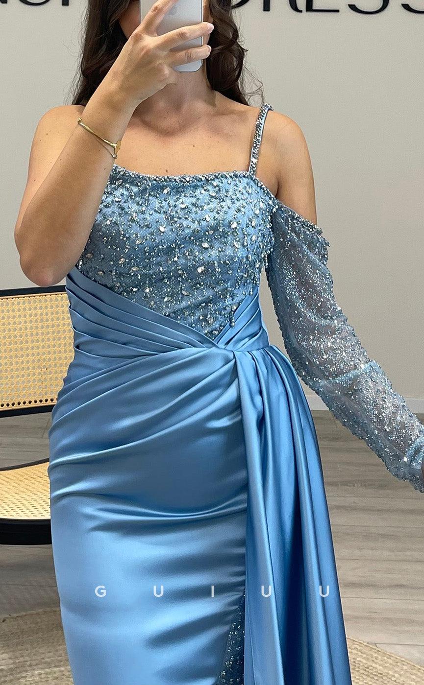 G3519 - Sexy & Hot Sheath Asymmetrical Long Sleeves Straps Side Slit Beaded & Sequined Draped Floor-Length Ballgown Prom Dress With Sweep Train