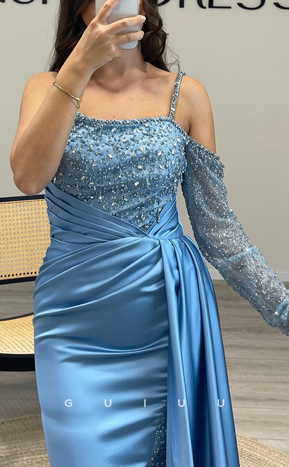 G3519 - Sexy & Hot Sheath Asymmetrical Long Sleeves Straps Side Slit Beaded & Sequined Draped Floor-Length Ballgown Prom Dress With Sweep Train