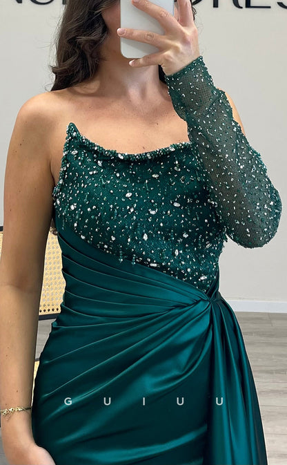 G3519 - Sexy & Hot Sheath Asymmetrical Long Sleeves Straps Side Slit Beaded & Sequined Draped Floor-Length Ballgown Prom Dress With Sweep Train