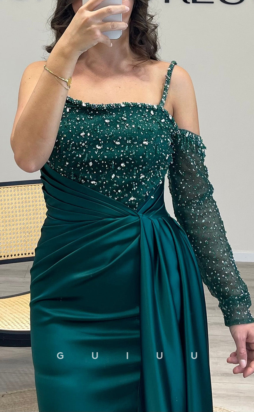 G3519 - Sexy & Hot Sheath Asymmetrical Long Sleeves Straps Side Slit Beaded & Sequined Draped Floor-Length Ballgown Prom Dress With Sweep Train