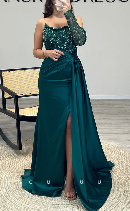 G3519 - Sexy & Hot Sheath Asymmetrical Long Sleeves Straps Side Slit Beaded & Sequined Draped Floor-Length Ballgown Prom Dress With Sweep Train