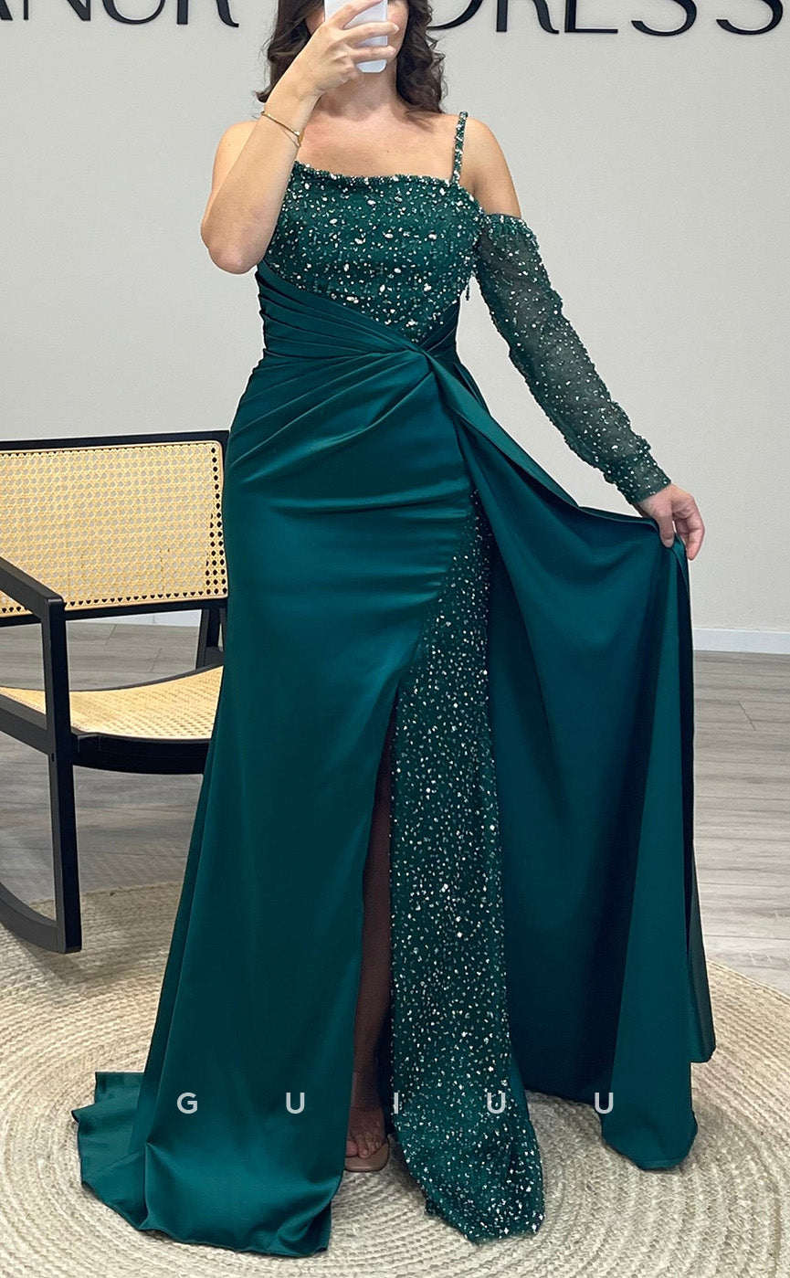 G3519 - Sexy & Hot Sheath Asymmetrical Long Sleeves Straps Side Slit Beaded & Sequined Draped Floor-Length Ballgown Prom Dress With Sweep Train