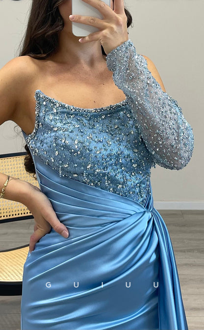 G3519 - Sexy & Hot Sheath Asymmetrical Long Sleeves Straps Side Slit Beaded & Sequined Draped Floor-Length Ballgown Prom Dress With Sweep Train