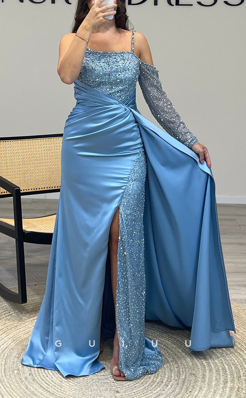 G3519 - Sexy & Hot Sheath Asymmetrical Long Sleeves Straps Side Slit Beaded & Sequined Draped Floor-Length Ballgown Prom Dress With Sweep Train