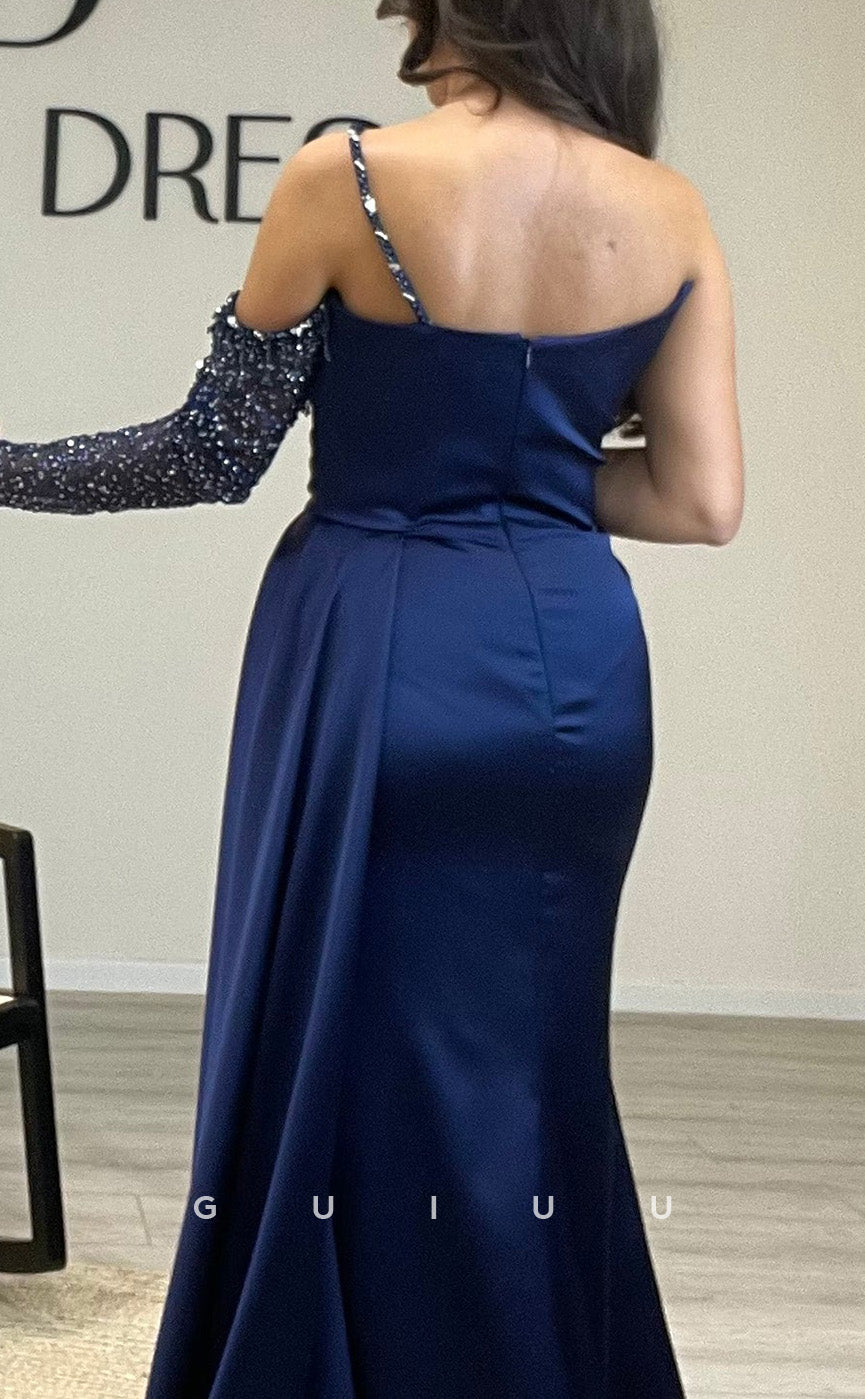 G3519 - Sexy & Hot Sheath Asymmetrical Long Sleeves Straps Side Slit Beaded & Sequined Draped Floor-Length Ballgown Prom Dress With Sweep Train