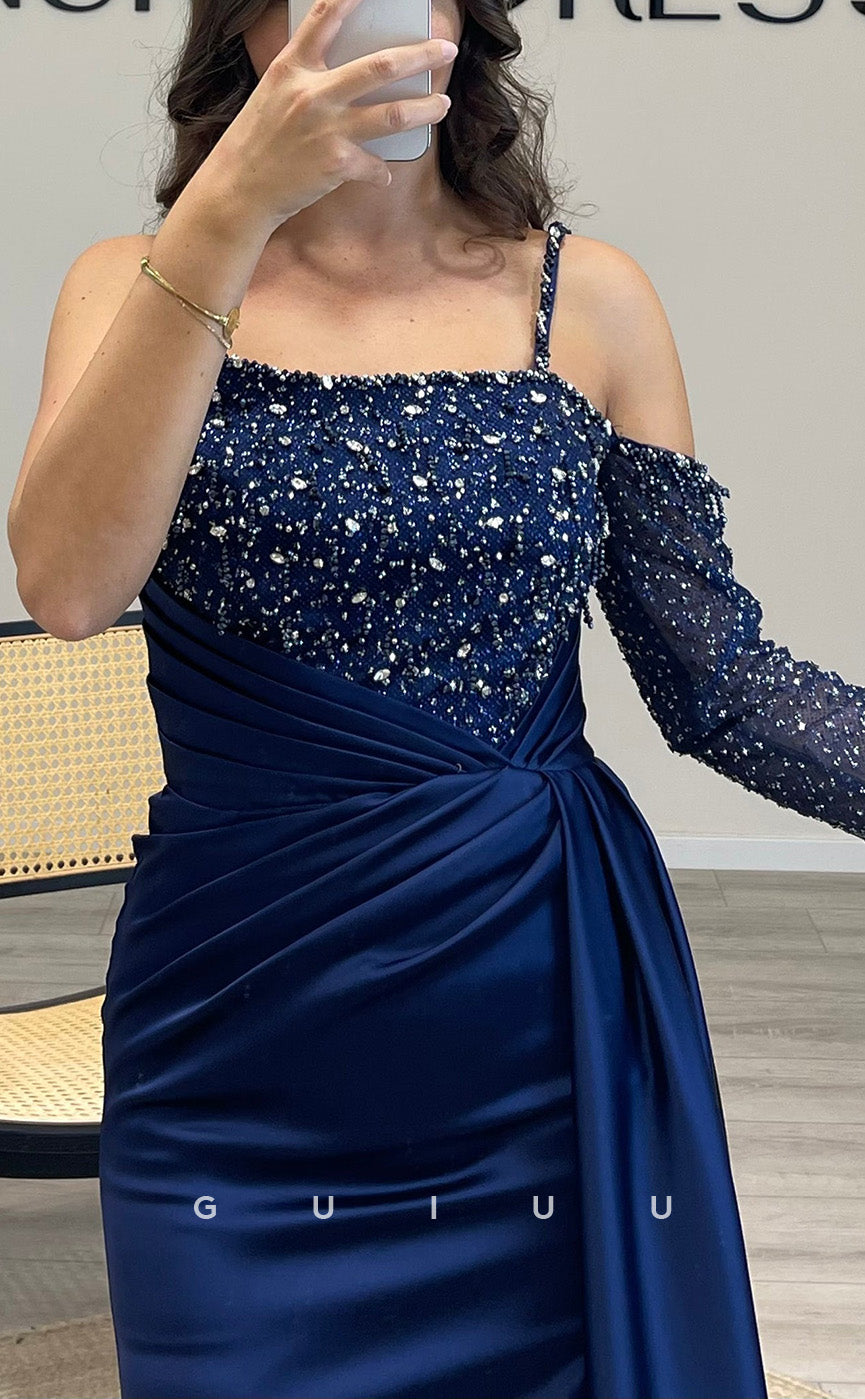 G3519 - Sexy & Hot Sheath Asymmetrical Long Sleeves Straps Side Slit Beaded & Sequined Draped Floor-Length Ballgown Prom Dress With Sweep Train