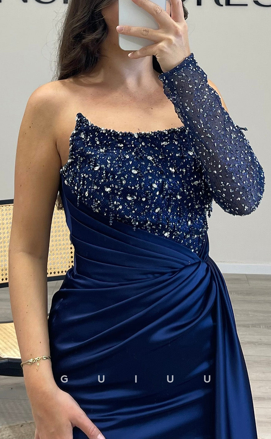 G3519 - Sexy & Hot Sheath Asymmetrical Long Sleeves Straps Side Slit Beaded & Sequined Draped Floor-Length Ballgown Prom Dress With Sweep Train