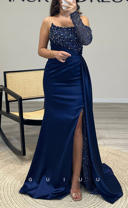 G3519 - Sexy & Hot Sheath Asymmetrical Long Sleeves Straps Side Slit Beaded & Sequined Draped Floor-Length Ballgown Prom Dress With Sweep Train