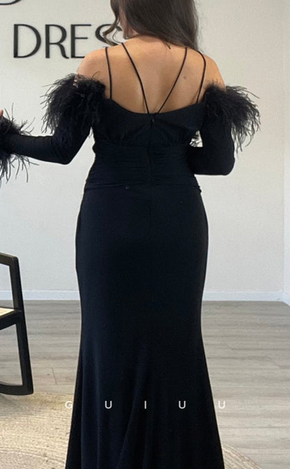 G3520 - Chic & Modern Sheath Asymmetrical Long Sleeves Feather High Slit Draped Floor-Length Ballgown Prom Dress