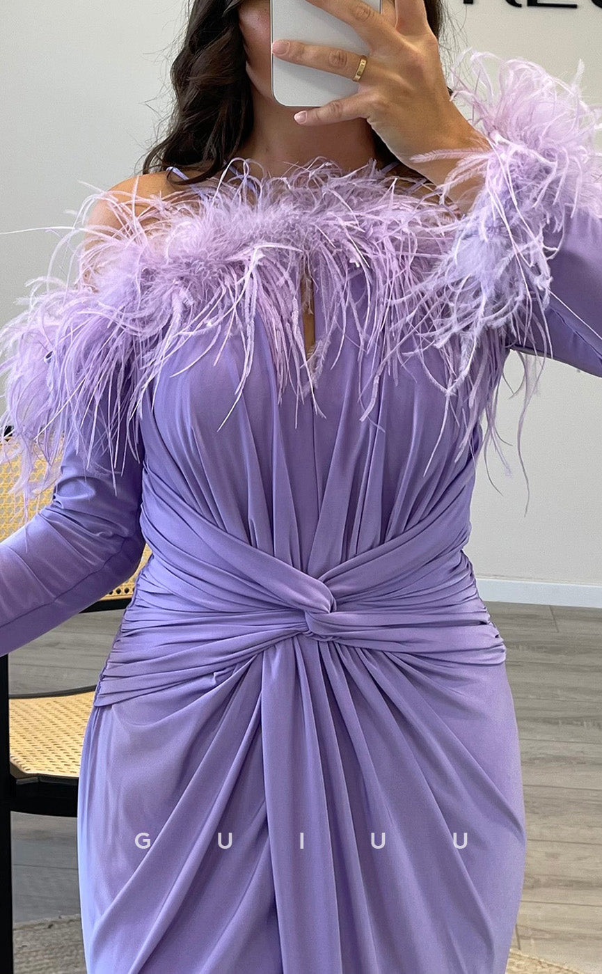 G3520 - Chic & Modern Sheath Asymmetrical Long Sleeves Feather High Slit Draped Floor-Length Ballgown Prom Dress