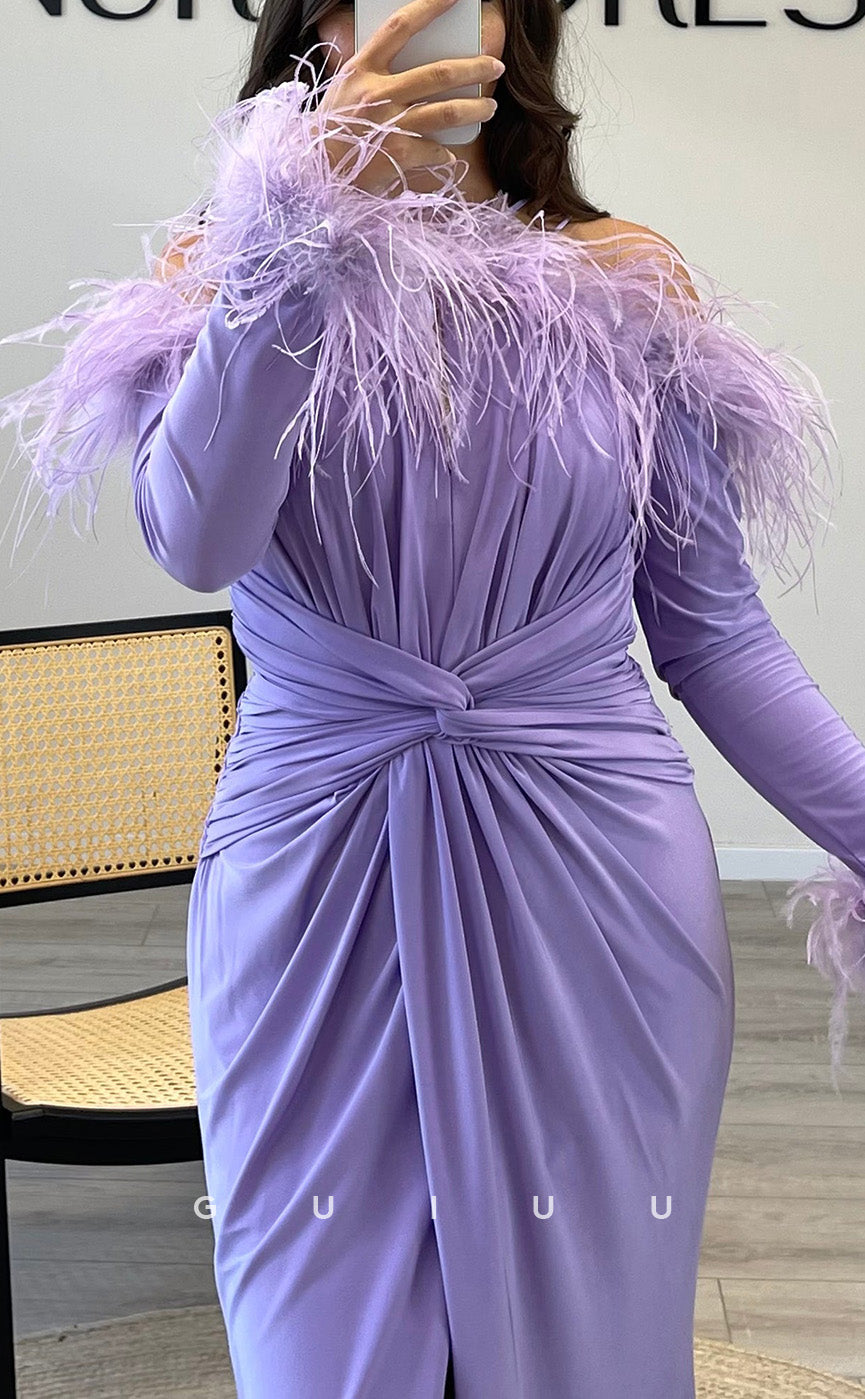 G3520 - Chic & Modern Sheath Asymmetrical Long Sleeves Feather High Slit Draped Floor-Length Ballgown Prom Dress