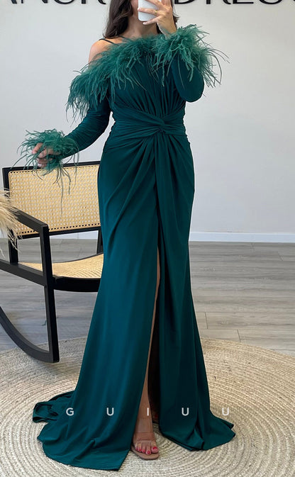 G3520 - Chic & Modern Sheath Asymmetrical Long Sleeves Feather High Slit Draped Floor-Length Ballgown Prom Dress