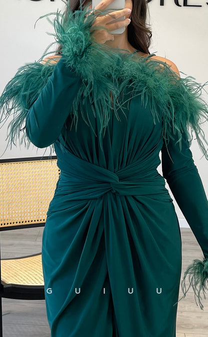 G3520 - Chic & Modern Sheath Asymmetrical Long Sleeves Feather High Slit Draped Floor-Length Ballgown Prom Dress