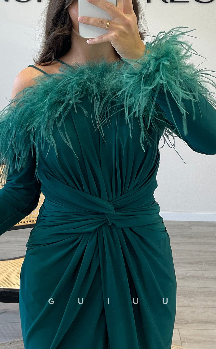 G3520 - Chic & Modern Sheath Asymmetrical Long Sleeves Feather High Slit Draped Floor-Length Ballgown Prom Dress